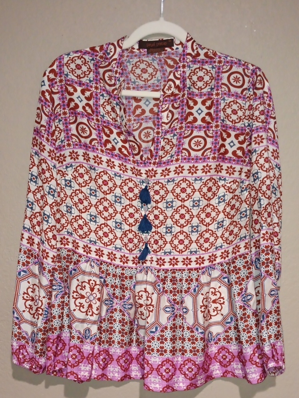 Boho Tile-Print Peasant Blouse - Pink & Red